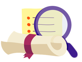 A scroll, piece of paper and magnifying glass